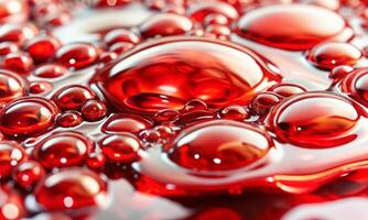 Drops and bubbles of oil in the red liquid, creating organic bubble shapes photo