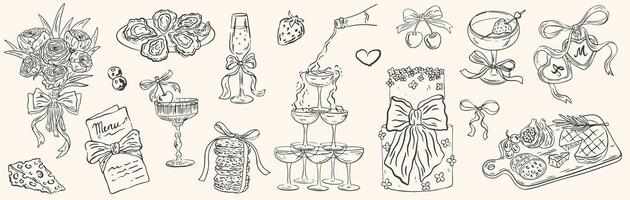 Hand drawn chalk wedding dinner illustrations. Coquette aesthetics elements Wine, champagne, cheese, charcuterie drawings for wedding invitations, menus, parties. La dolce vita italian sketch style. vector
