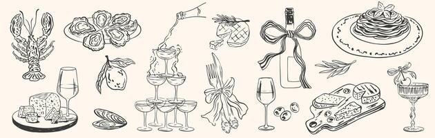 Hand drawn la dolce vita food illustrations. Chalk Mediterranean dinner. Wine, spaghetti, oysters, charcuterie drawings for wedding invitations, menus. illustration italian sketch style. vector