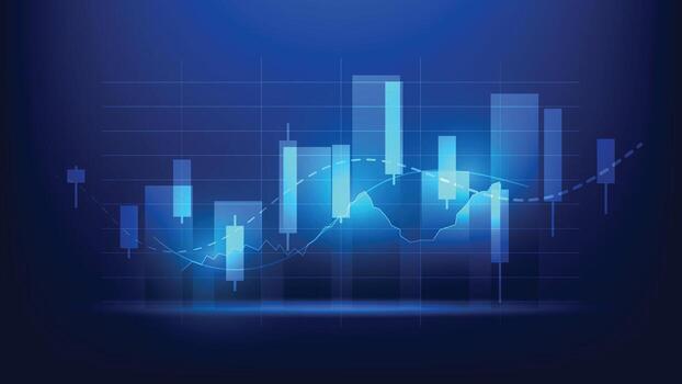 stock market graph with candlesticks pattern and bar chart on blue background. business and finance growth vector