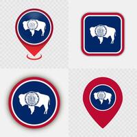 Set of Wyoming State Flag Icons and Map Pins. vector