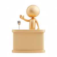 transparent 3d icon mascot character presenting speech at podium, highlighting communication and public speaking concepts, Golden background isolated png