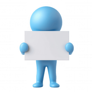 Blau 3d zum Benutzer Charakter halten ein leer Weiß Zeichen, perfekt Symbol Hinzufügen Benutzerdefiniert Mitteilungen, auf ein transparent Hintergrund png