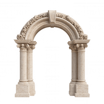 klassisk arkitektonisk båge 3d ikon terar invecklad blommig sniderier och stödjande räfflad kolumner, isolerat på en mönster bakgrund för lätt integration in i transparent png