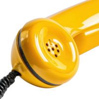 Close up shows a bright yellow telephone receiver with a black coiled cord on a transparent background png