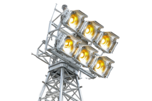 Illuminated stadium lights shine brightly on a metal tower providing powerful outdoor lighting system png