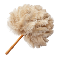 Beige feather duster with wooden handle for cleaning dusting and home maintenance shown in detail png