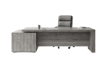 moderno oficina preparar presentando un de madera ejecutivo escritorio y un gris cuero oficina silla para espacio de trabajo png