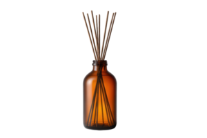 Aromatic fragrance diffuser with wooden sticks in amber glass bottle for home decor and aromatherapy use png