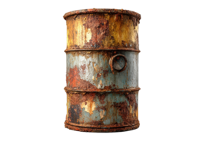 Old metal barrel displays weathered texture and rust showing age and decay on the container surface png