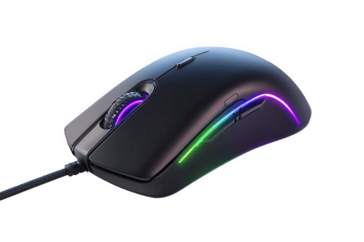 vicino su di un' cablata computer topo con rgb illuminazione e un' scorrere ruota su un' trasparente sfondo png