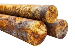 Close up showcasing textured cylindrical metal rods with heavy corrosion and rust formation against transparent background png