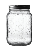 Wet clear glass mason jar with silver metal lid and condensation droplets on isolated background png