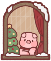 Pig sitting by a window with a Christmas tree png