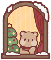 Grizzly bear sitting by a window with a Christmas tree png