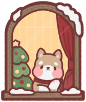 Dog sitting by a window with a Christmas tree png
