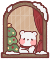 Polar bear sitting by a window with a Christmas tree png