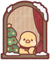 Chicken sitting by a window with a Christmas tree png