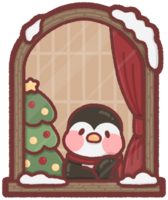 Penguin sitting by a window with a Christmas tree png