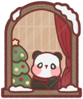 Panda sitting by a window with a Christmas tree png