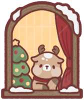 Deer sitting by a window with a Christmas tree png