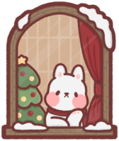 Bunny sitting by a window with a Christmas tree png