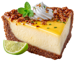 Delicious slice of creamy lime cheesecake with whipped cream topping png