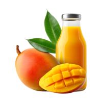 Fresh mango juice bottle with fruit and leaves png