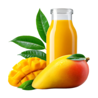 Fresh mango juice bottle and ripe mangoes with green leaves png