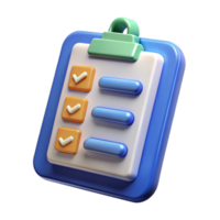 Stylized 3d blue clipboard with checklist and orange clip png
