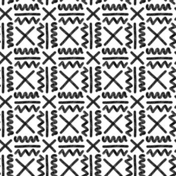 Geometric shapes in a pattern with abstract striped strokes. Stripes in the shape of geometric objects, zigzags, and crosses. Seamless texture, hand-drawn shading vector