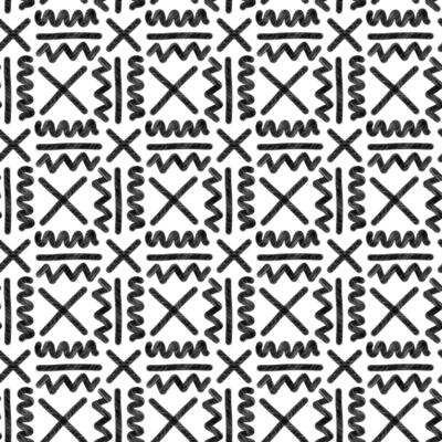 Geometric shapes in a pattern with abstract striped strokes. Stripes in the shape of geometric objects, zigzags, and crosses. Seamless texture, hand-drawn shading