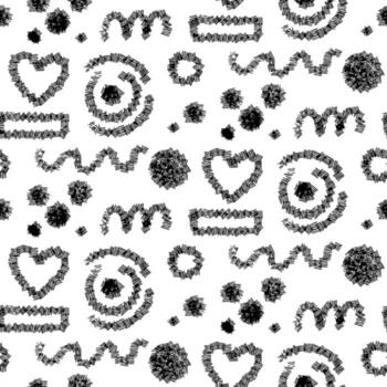Pattern geometric lines and elements with thin strokes. Heart, rectangle, circle, wavy, zigzag lines. Print with noise, ink print, ink brush, dry brush. Multi-layered lines. Group of lines vector