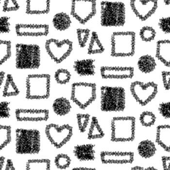 Pattern geometric lines with fine strokes. Heart, arrow, rectangle, square, circle, triangle. Printing with noise, printing with ink, printing with ink, dry brush. Multi-layered lines. Group of lines vector