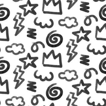 geométrico formas en un modelo con resumen a rayas trazos formas de geométrico elementos, espiral, nube, corona, estrella, y zigzag. sin costura textura, dibujado a mano sombreado vector