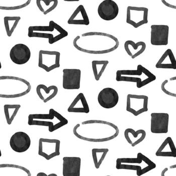 geométrico formas en un modelo con resumen a rayas trazos rayas en el forma de geométrico elementos, un flecha, un corazón, un oval, y triangulos. sin costura textura, dibujado a mano sombreado vector