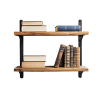 Rustic wooden bookshelf with a collection of antique and modern books isolated on transparent background png