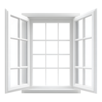 Classic white casement window with open panes showing a bright clear view isolated on transparent background png