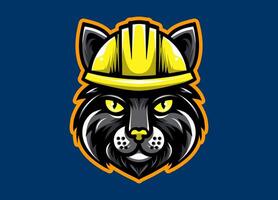Cute cat mascot head wearing construction helmet, perfect for logos, branding, safety campaigns, and creative engineering-themed illustrations. vector