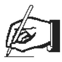 Pixel art hand holding pen drawing on white background retro digital illustration, creative concept, monochrome minimalist vector