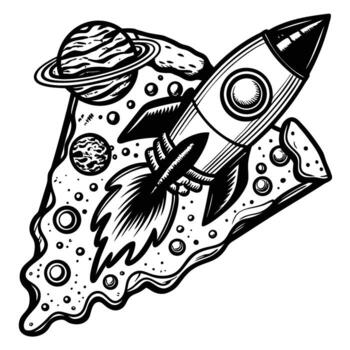 Rocket spaceship launching from a slice of pizza in outer space surreal universe, planets, whimsical cosmic adventure vector