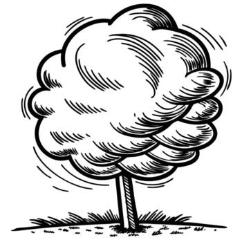 Gusty wind blowing tree illustration hand drawn sketch of swaying tree with leaves in motion, nature breeze concept vector