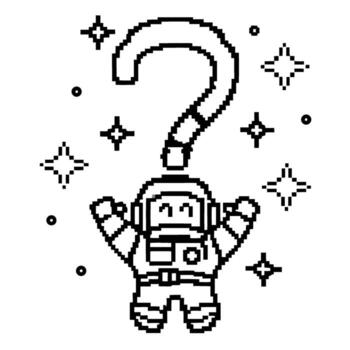 Pixel art astronaut with question mark, outer space theme, retro digital style, cosmic exploration and curiosity, stars background vector