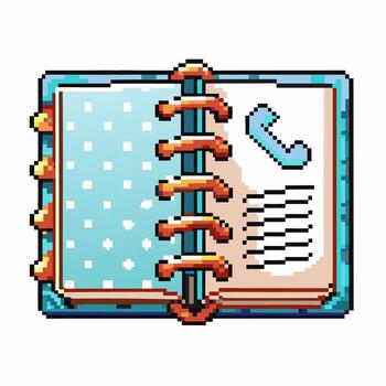 píxel Arte abierto habla a libro con teléfono símbolo y contacto lista, retro espiral computadora portátil, digital organizador icono vector