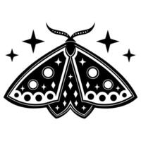 Black and white moth illustration with geometric shapes and stars elegant symmetrical insect design, boho night decor motif vector