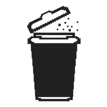 Pixelated trash bin icon with open lid and falling debris, retro 8 bit digital waste removal and cleanup concept vector