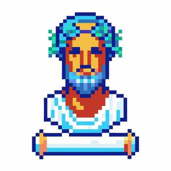 antiguo filósofo píxel Arte ilustración con laurel guirnalda, blanco túnica, y Desplazarse retro 8 poco clásico sabiduría personaje vector