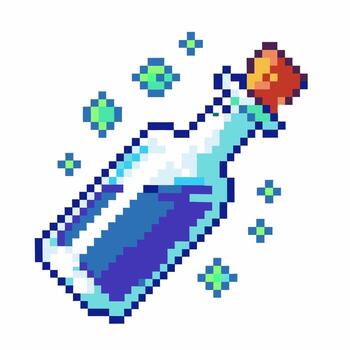 Pixel art magic potion bottle with blue liquid and glowing effect retro fantasy game object, enchanted elixir, pixelated icon vector