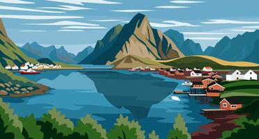 Landscape of Scandinavian Fjord Village Art vector