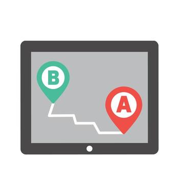 a tablet with a map and a b and a arrow pointing to it vector